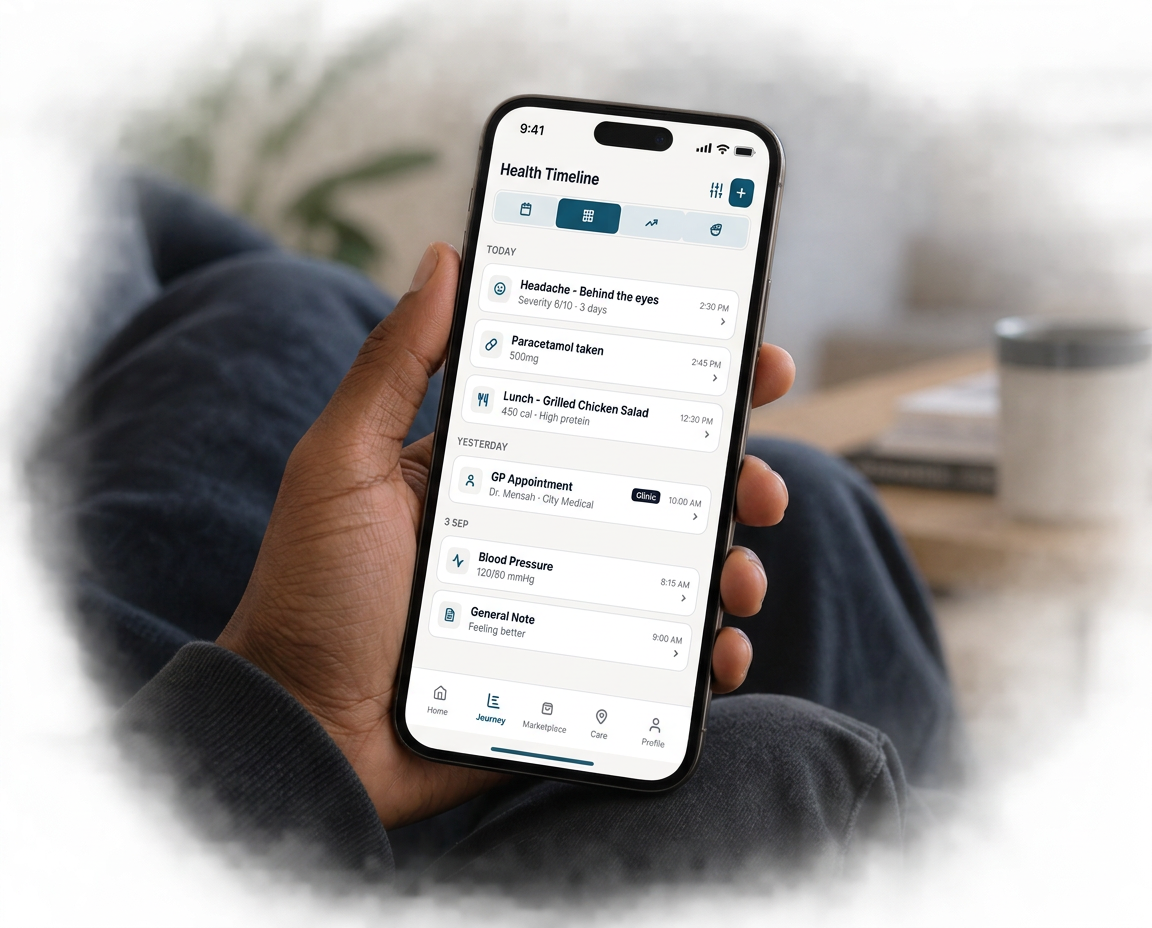 Hand holding a phone showing the Butta Health Timeline screen